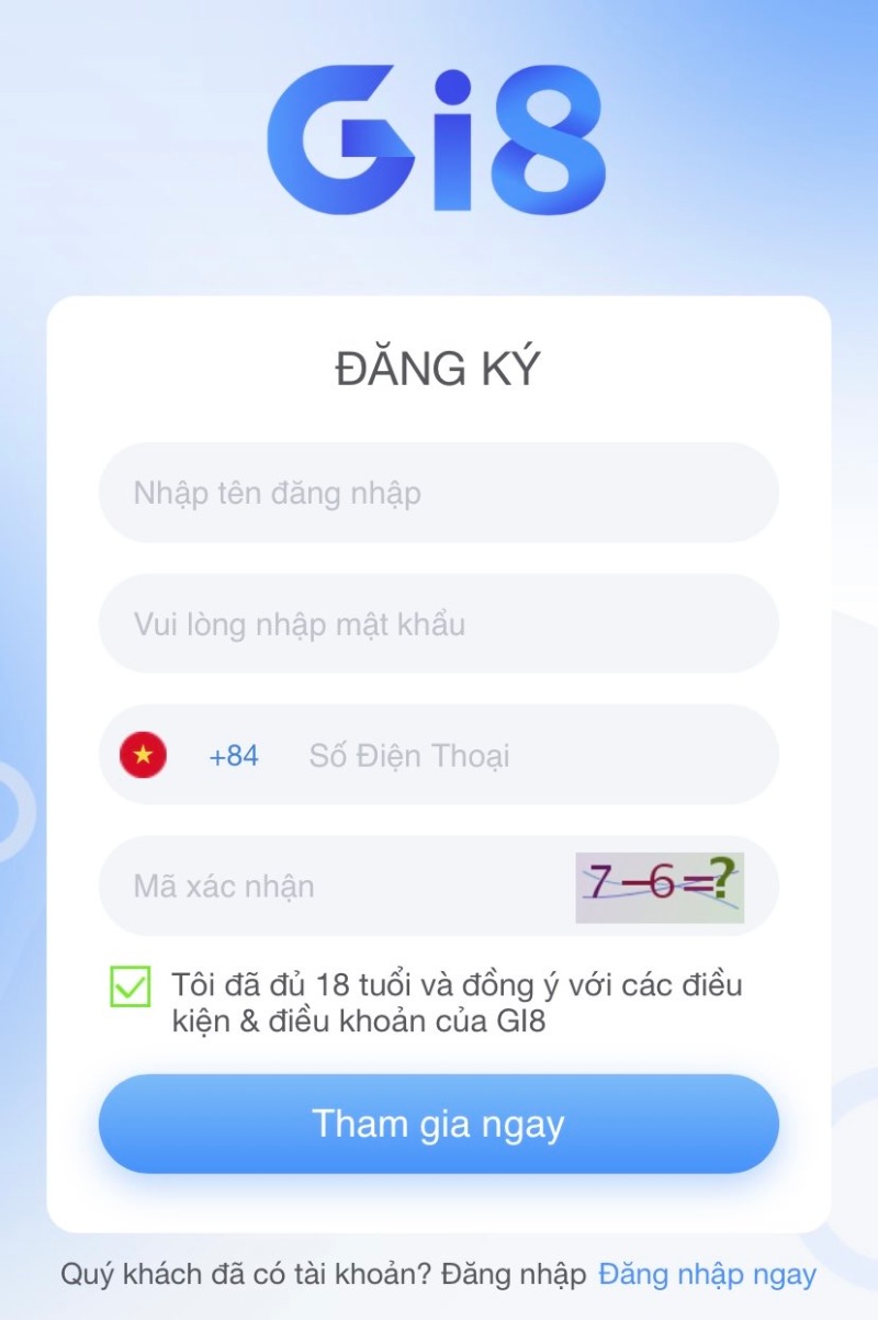Điền thông tin đăng ký GI8 để hoàn tất